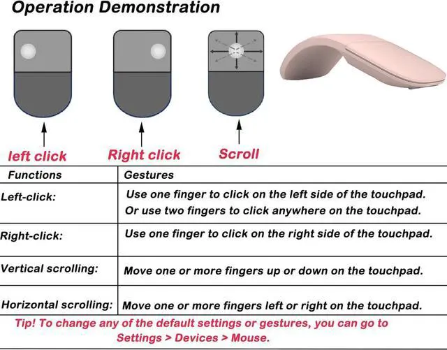 Alt view image 3 of 5 - Arc Touch Mouse,Appliable for Microsoft Surface Arc Mouse FHD-00001 /FHD-00002 /FHD-00003 /FHD-00004 Portable Foldable Mouse Silent Folding Arc Mouse for Computer Mac OS Notebook (Pink)