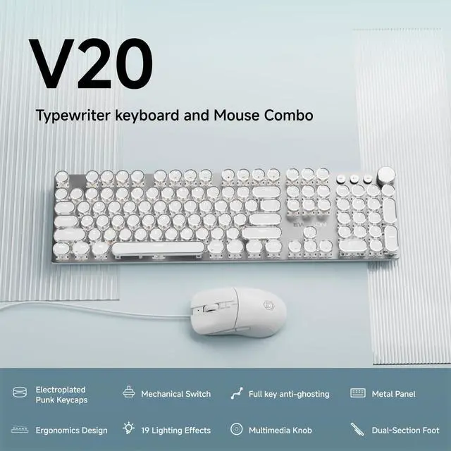 Alt view image 2 of 6 - EWEADN Wired Typewriterkeyboard and Mouse Combo, Typewriter Style Mechanical Gaming Keyboard,104 Keys Backlit LED Keyboards, Media Control Knob, Wired Keyboard Pink Switch for Windows/Mac/PC-White