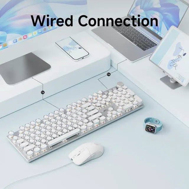 Alt view image 4 of 6 - EWEADN Wired Typewriterkeyboard and Mouse Combo, Typewriter Style Mechanical Gaming Keyboard,104 Keys Backlit LED Keyboards, Media Control Knob, Wired Keyboard Pink Switch for Windows/Mac/PC-White