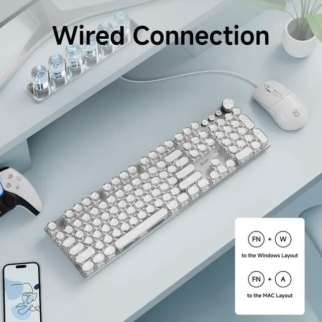 Alt view image 5 of 6 - EWEADN Wired Typewriterkeyboard and Mouse Combo, Typewriter Style Mechanical Gaming Keyboard,104 Keys Backlit LED Keyboards, Media Control Knob, Wired Keyboard Pink Switch for Windows/Mac/PC-White
