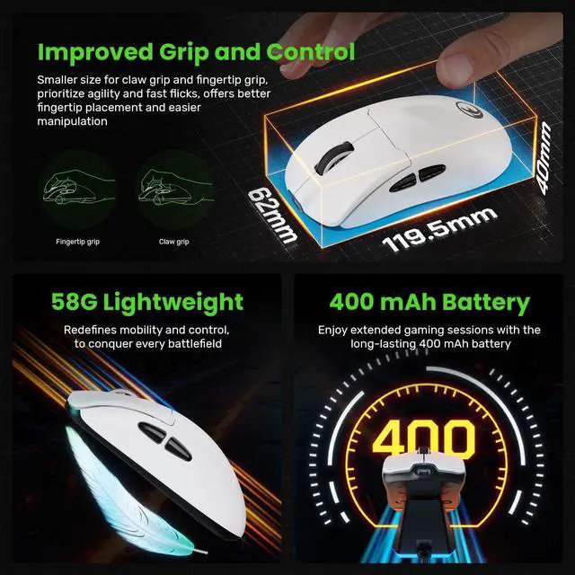 Alt view image 4 of 7 - G63 2.4G/BT/Wired Tri-Mode 4K Wireless Gaming Mouse, PAW3395 Sensor, 58g Lightweight, 4000 Polling Rate, 26K DPI, 5 Programmable Buttons, RGB Magnetic Charging Dock with Wireless Receiver