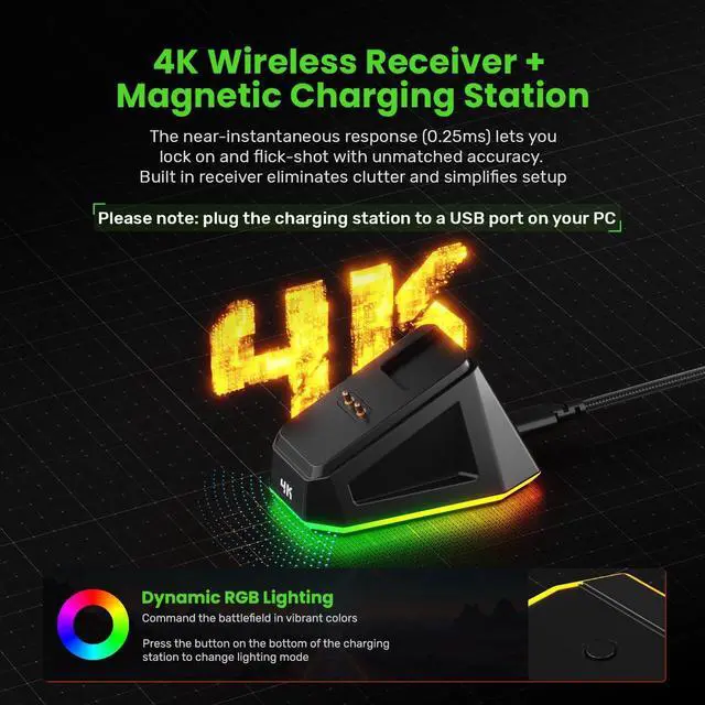 Alt view image 5 of 7 - G63 2.4G/BT/Wired Tri-Mode 4K Wireless Gaming Mouse, PAW3395 Sensor, 58g Lightweight, 4000 Polling Rate, 26K DPI, 5 Programmable Buttons, RGB Magnetic Charging Dock with Wireless Receiver