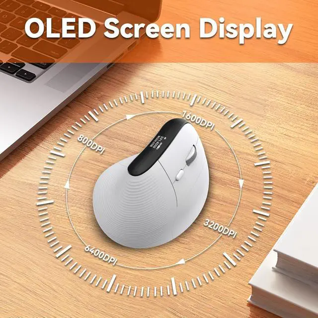 Alt view image 2 of 6 - Eelexa Wireless Ergonomic Vertical Mouse with OLED Screen Display for Right Hand, Rechargeable Bluetooth Optical Computer Mice,Compatible with Windows MAC OS (White)