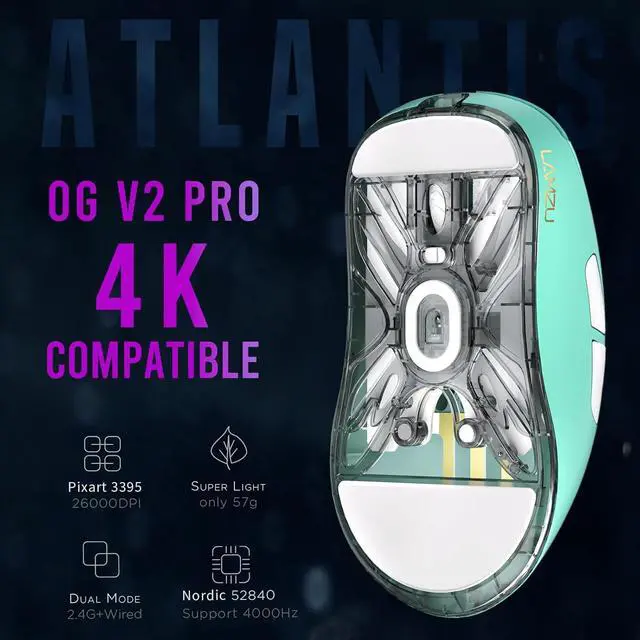 Alt view image 2 of 7 - Lamzu Atlantis OG V2 PRO Wireless Gaming Mouse, Ultra Lightweight 57g, Mechanical Switch,26000 DPI,Symmetrical,MCU Nordic 52840,Silver TTC, PAW3395 Sensor (Elegant Blue)-Coming with 1K Dongle