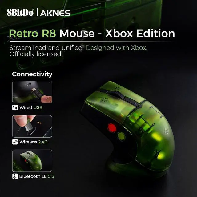 Alt view image 2 of 7 - AKNES 8BitDo Retro R8 Mouse with PAW 3395 Optical Sensor DPI 26K, Wireless 4K Polling Mouse with Charging Dock, Programmable Buttons, and Kailh Sword GM X Micro Switches - X Box Edition