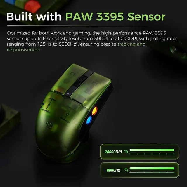 Alt view image 3 of 7 - AKNES 8BitDo Retro R8 Mouse with PAW 3395 Optical Sensor DPI 26K, Wireless 4K Polling Mouse with Charging Dock, Programmable Buttons, and Kailh Sword GM X Micro Switches - X Box Edition