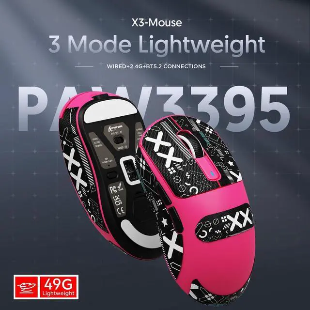 Alt view image 7 of 7 - Attack Shark X3 Wireless Gaming Mouse, 49g Ultralight, PixArt PAW3395 26000 DPI, Bluetooth/2.4Ghz /Wired Tri-Mode, 200Hrs Rechargeable Battery, Kailh GM8.0 Switch for PC/MAC/Win - Rose Red&Tape