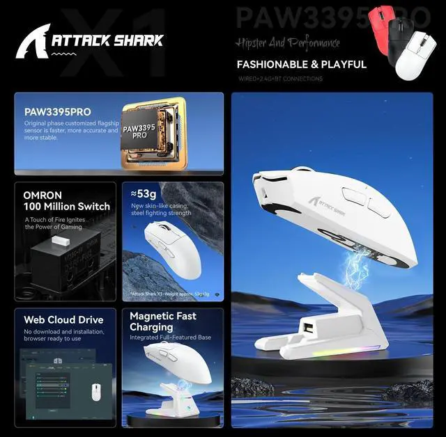 Alt view image 2 of 7 - X1 Superlight Wireless Gaming Mouse with RGB Magnetic Charging Dock, BT/2.4G Wireless/Wired Gaming Mouse, PAW3395PRO Gaming Sensor, 40000DPI, Tape, 53g Office Mice for PC/Mac/Win/Xbox (White)