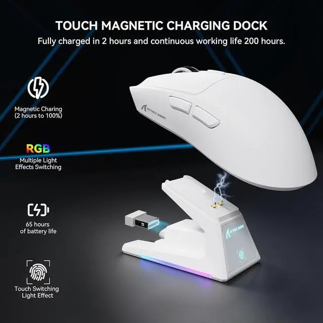 Alt view image 5 of 7 - X1 Superlight Wireless Gaming Mouse with RGB Magnetic Charging Dock, BT/2.4G Wireless/Wired Gaming Mouse, PAW3395PRO Gaming Sensor, 40000DPI, Tape, 53g Office Mice for PC/Mac/Win/Xbox (White)