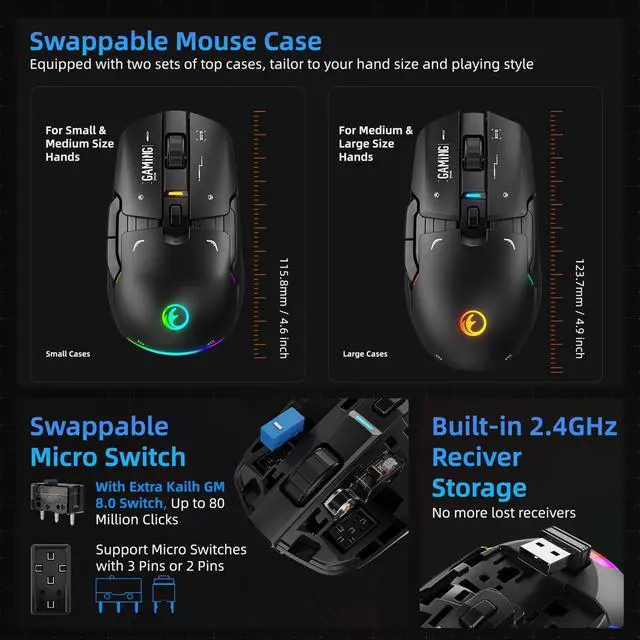 Alt view image 3 of 7 - G03 RGB Wireless Rechargeable Gaming Mouse, 2.4G/Wired Dual Mode Game MicePAW3395 Sensor, 26K DPI, Replaceable L/R Switches, Swappable Top Case, 80g Lightweight, 6 Programmable Buttons - Black