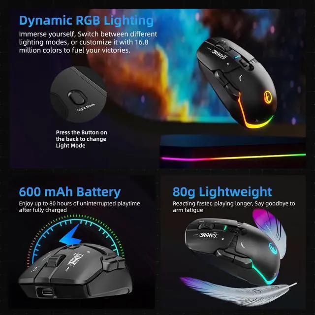 Alt view image 4 of 7 - G03 RGB Wireless Rechargeable Gaming Mouse, 2.4G/Wired Dual Mode Game MicePAW3395 Sensor, 26K DPI, Replaceable L/R Switches, Swappable Top Case, 80g Lightweight, 6 Programmable Buttons - Black