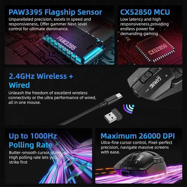 Alt view image 2 of 7 - G03 RGB Wireless Rechargeable Gaming Mouse, 2.4G/Wired Dual Mode Game MicePAW3395 Sensor, 26K DPI, Replaceable L/R Switches, Swappable Top Case, 80g Lightweight, 6 Programmable Buttons - Black