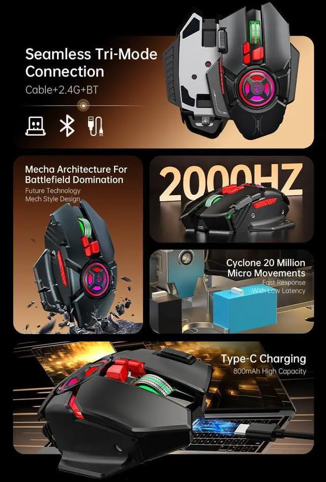 Alt view image 3 of 7 - holy sword L8 Gaming Mouse with 10 Programmable Keys, 24000 DPI, 2000Hz Polling Rate, Type-C Charging, RGB Lighting, Macro Keys (Blue)