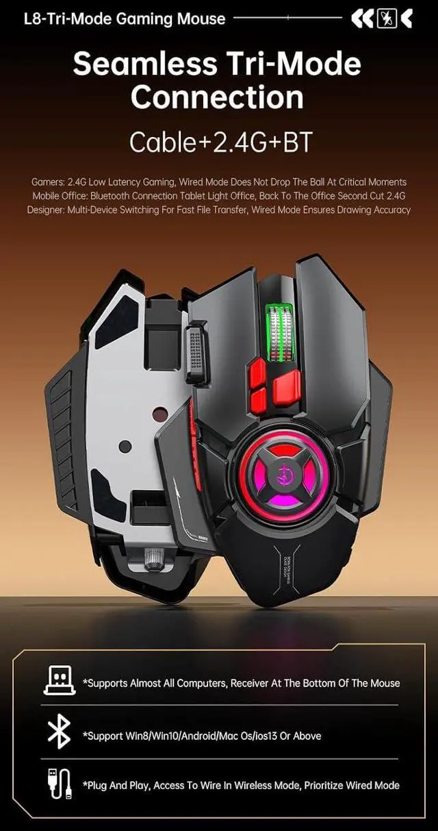 Alt view image 4 of 7 - holy sword L8 Gaming Mouse with 10 Programmable Keys, 24000 DPI, 2000Hz Polling Rate, Type-C Charging, RGB Lighting, Macro Keys (Blue)
