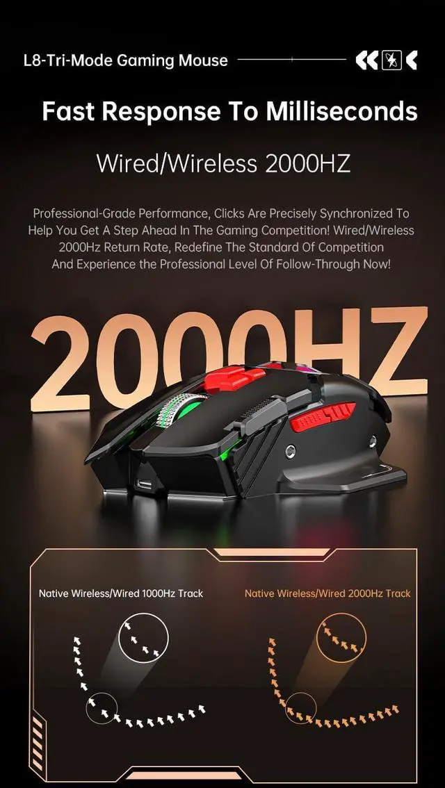 Alt view image 7 of 7 - holy sword L8 Gaming Mouse with 10 Programmable Keys, 24000 DPI, 2000Hz Polling Rate, Type-C Charging, RGB Lighting, Macro Keys (Blue)