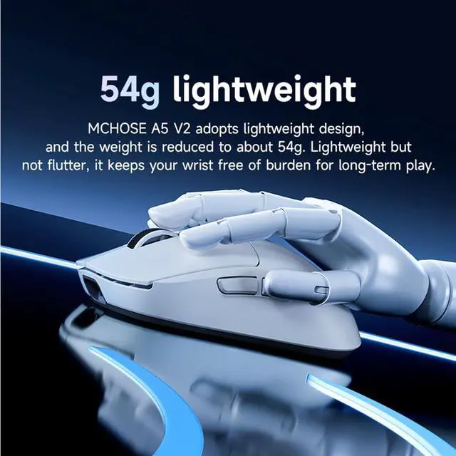 Alt view image 3 of 7 - Hyekit MCHOSE A5 V2 Ultra Wireless Esports Gaming Mouse, Wired 8K/Wireless 4K Polling, 26,000 DPI, PAW3395 Optical Sensor, 54g Lightweight, 5 Programmable Buttons, 130 Hr Battery, for PC & Mac, White