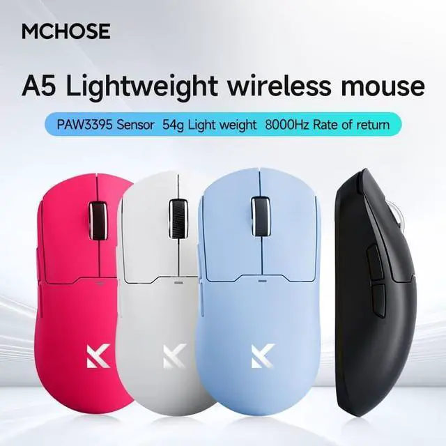 Alt view image 7 of 7 - Hyekit MCHOSE A5 V2 Ultra Wireless Esports Gaming Mouse, Wired 8K/Wireless 4K Polling, 26,000 DPI, PAW3395 Optical Sensor, 54g Lightweight, 5 Programmable Buttons, 130 Hr Battery, for PC & Mac, White