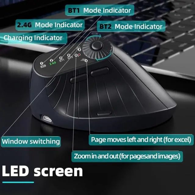 Alt view image 2 of 7 - FONI Ergonomic Triple-Connect Wireless Mouse, Bluetooth Rechargeable Wireless Vertical Mouse, with 4 Adjustable Dpi and USB-C Receiver, for Computer/Pc/Laptop, with Multi-Function Knob(Beige)