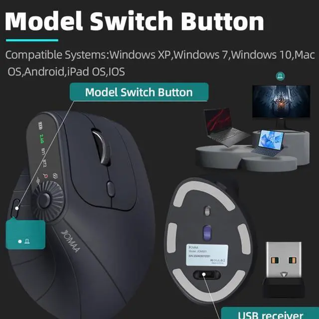 Alt view image 4 of 7 - FONI Ergonomic Triple-Connect Wireless Mouse, Bluetooth Rechargeable Wireless Vertical Mouse, with 4 Adjustable Dpi and USB-C Receiver, for Computer/Pc/Laptop, with Multi-Function Knob(Beige)
