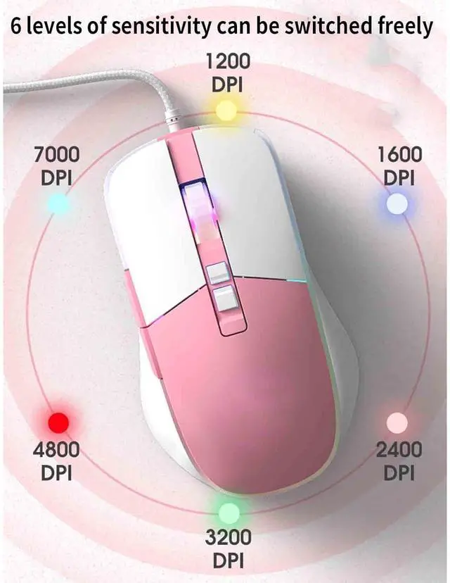 Alt view image 2 of 7 - Computer Mouse for Laptop Wired Usb Optical Mouse Gaming Ergonomic Mice Lightweight Portable RGB Illuminated Comfortable Durable 1200DPI 1600DPI 2400DPI 3200DPI 4800DPI 7000DPI (127x75x42mm,Pink)