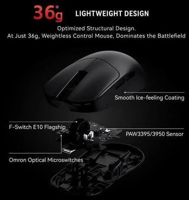Alt view image 3 of 7 - ATKGEAR VXE MAD R Ultra-Lightweight Wireless Gaming Mouse  36g, PAW3395/3950 Optical Sensor, Dual 1K/8K Polling, Nordic 52840, Wired & 2.4GHz, Ice-Feel Coating