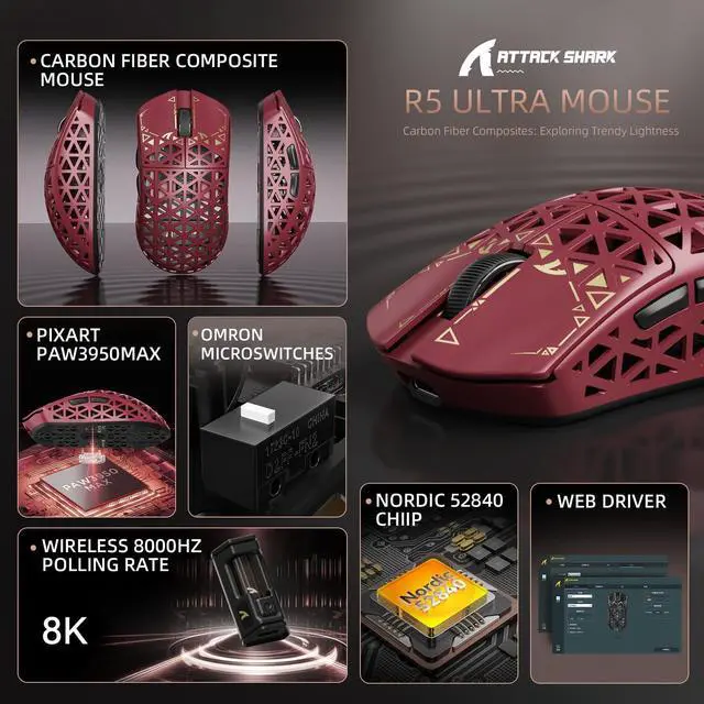 Alt view image 2 of 7 - ATTACK SHARK R5 Ultra Wireless Gaming Mouse,39g Superlight Carbon Fiber Hollowed-Out,PAW3950MAX Optical Sensor Nordic 52840 MCU 8K Polling 42K DPI,Tri-Mode Programmable Mice with Coiled Cable-Red