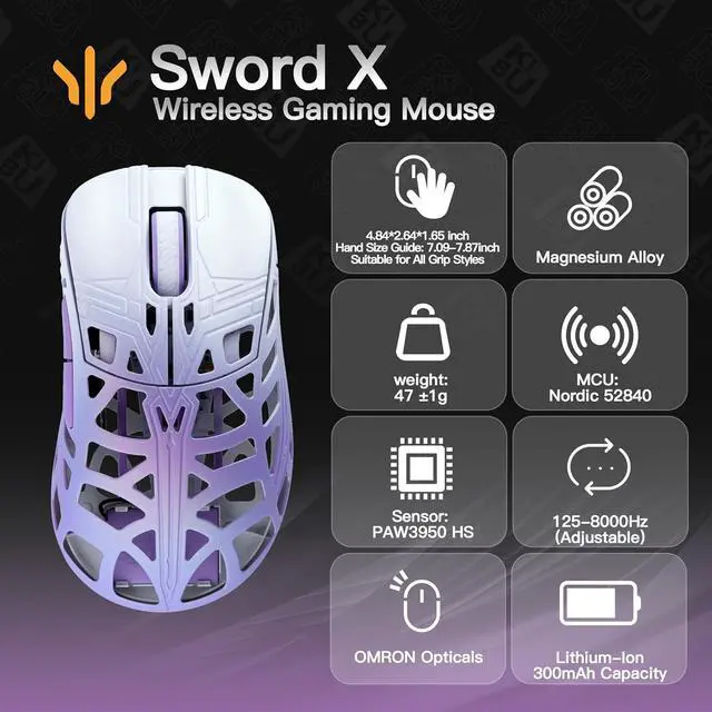 Alt view image 2 of 2 - KEEBMONKEY WLMOUSE Sword X Lightweight Magnesium Alloy Wireless Gaming Mouse - 8KHz Polling Rate, PAW3950 HS Sensor, 50-30000 DPI, OM & TTC Switches (OM Opticals, White&Purple)