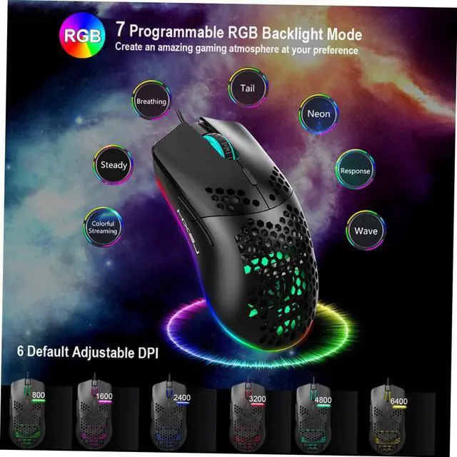 Alt view image 3 of 7 - Hole Mouse RGB Illuminated 6 Button Gaming Mouse Corded Mouse Computer Mouse Wired Mouse Colorful Light Gaming Mouse Programmable Lighting Mouse Wired Mouse RGB Mouse Shine/24
