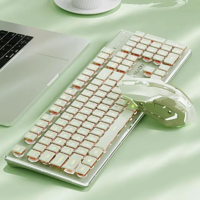Main image of V3 Wireless Keyboard and Mouse with Single Backlit, Metal Panel, Bluetooth/2.4G Rechargeable Silent Keyboard and Mouse Combo Light up Full Size Cute Keyboards-Green
