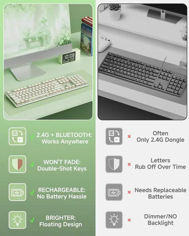 Alt view image 2 of 7 - V3 Wireless Keyboard and Mouse with Single Backlit, Metal Panel, Bluetooth/2.4G Rechargeable Silent Keyboard and Mouse Combo Light up Full Size Cute Keyboards-Green