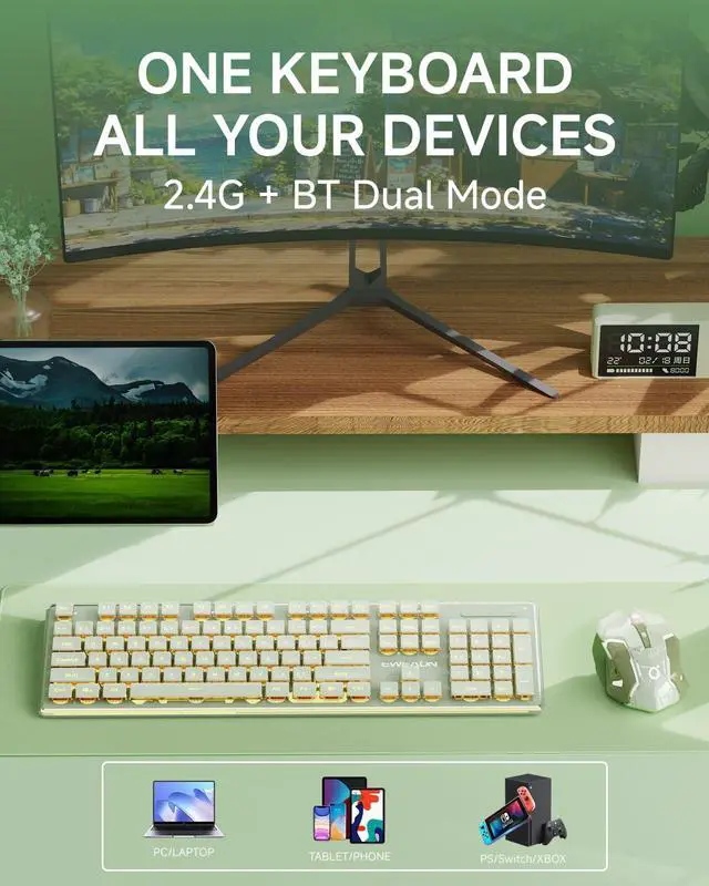 Alt view image 3 of 7 - V3 Wireless Keyboard and Mouse with Single Backlit, Metal Panel, Bluetooth/2.4G Rechargeable Silent Keyboard and Mouse Combo Light up Full Size Cute Keyboards-Green