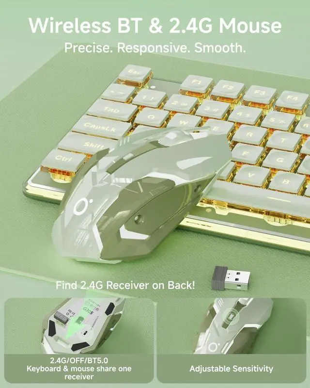 Alt view image 5 of 7 - V3 Wireless Keyboard and Mouse with Single Backlit, Metal Panel, Bluetooth/2.4G Rechargeable Silent Keyboard and Mouse Combo Light up Full Size Cute Keyboards-Green