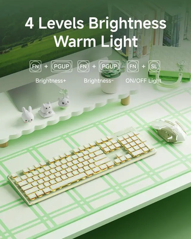 Alt view image 6 of 7 - V3 Wireless Keyboard and Mouse with Single Backlit, Metal Panel, Bluetooth/2.4G Rechargeable Silent Keyboard and Mouse Combo Light up Full Size Cute Keyboards-Green