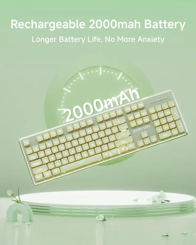 Alt view image 7 of 7 - V3 Wireless Keyboard and Mouse with Single Backlit, Metal Panel, Bluetooth/2.4G Rechargeable Silent Keyboard and Mouse Combo Light up Full Size Cute Keyboards-Green