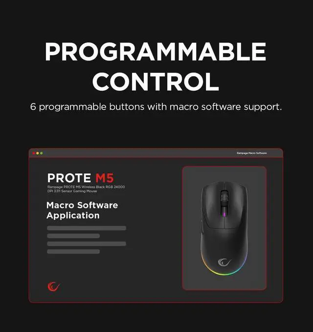 Alt view image 4 of 7 - Rampage Prote M5 Wireless & Wired Gaming Mouse  24000 DPI, RGB Backlight, 6 Programmable Buttons, BT/2.4GHz/Wired, Ergonomic Design, 400mAh Battery, Macro Support (Black)