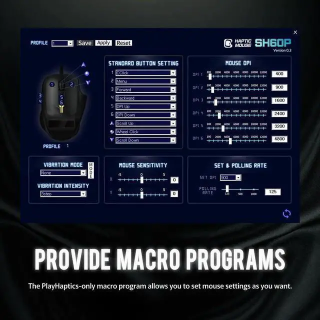 Alt view image 3 of 7 - 4D Vibration Gaming Mouse SH60P | Haptic Click Mode and Vibration Intensity Change Button | Macro Program | Unique FPS Gaming Experience on PC