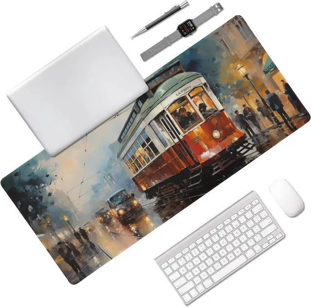 Alt view image 2 of 6 - Stylish Cable car in a European City Themed Mouse Pad 35.5 x 16 Inch, Anti-Slip Rubber Base, Ideal for Computer, Laptop, Office & Home Use