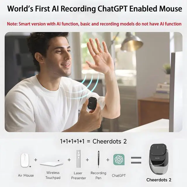 Alt view image 4 of 6 - 2025 AI Smart Mouse for PC Laptop,ChatGPT Enabled Bluetooth Mouse with Voice Recording & AI Summarize, Ergonomic Presenter Laser Pointer Remote, USB Rechargeable,Recording