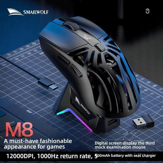 Alt view image 2 of 7 - M8 Gaming Mouse, Triple Mode Connection, 12000 DPI PAW3311 Sensor, RGB Lighting, 500mAh Battery, Type-C + 2.4G + BT5.1 (Black-Standard)