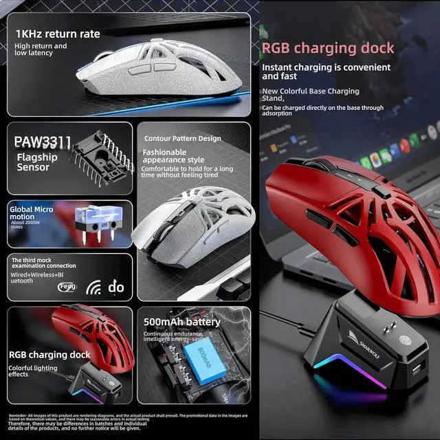 Alt view image 3 of 7 - M8 Gaming Mouse, Triple Mode Connection, 12000 DPI PAW3311 Sensor, RGB Lighting, 500mAh Battery, Type-C + 2.4G + BT5.1 (Black-Standard)