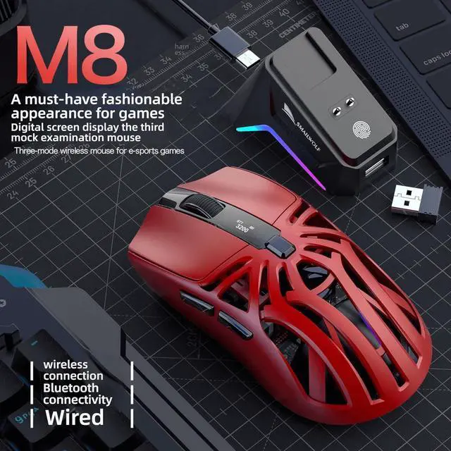Alt view image 7 of 7 - M8 Gaming Mouse, Triple Mode Connection, 12000 DPI PAW3311 Sensor, RGB Lighting, 500mAh Battery, Type-C + 2.4G + BT5.1 (Black-Standard)