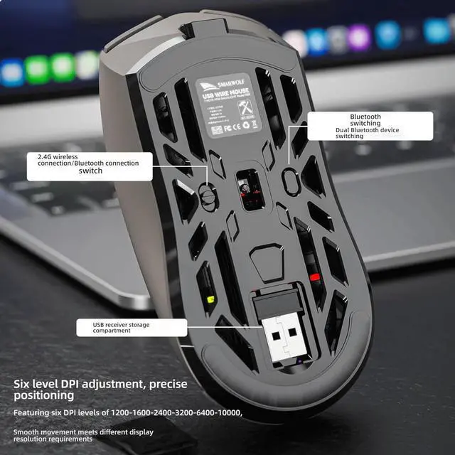 Alt view image 4 of 7 - Hole Hollow Gamin Mouse with 6-Speed DPI, 2.4G Wireless & Bluetooth 5.1, Type-C Charging, 10000Hz Polling Rate (White)