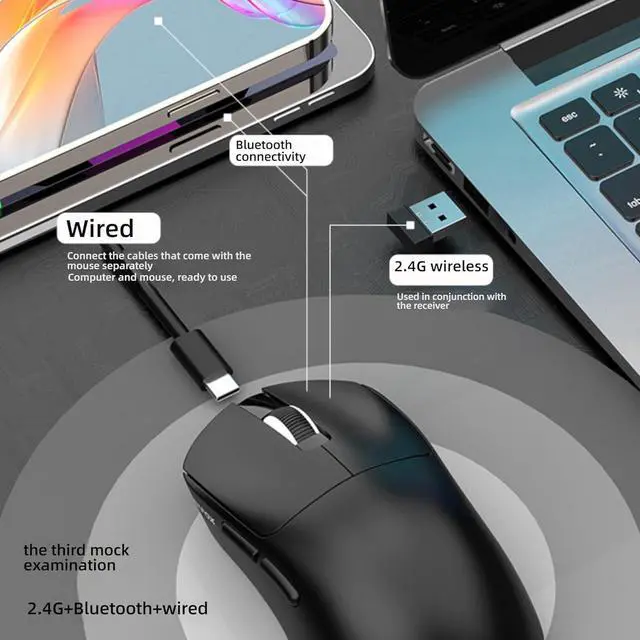Alt view image 3 of 7 - H8 Gaming Mouse, 12000 DPI, Triple Mode 2.4G/BT/Wired, 1000Hz, 55g Lightweight, Carbon Fiber Design (H8-White)