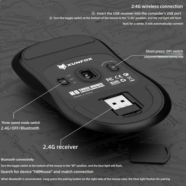 Alt view image 5 of 7 - H8 Gaming Mouse, 12000 DPI, Triple Mode 2.4G/BT/Wired, 1000Hz, 55g Lightweight, Carbon Fiber Design (H8-White)