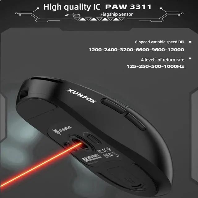 Alt view image 6 of 7 - H8 Gaming Mouse, 12000 DPI, Triple Mode 2.4G/BT/Wired, 1000Hz, 55g Lightweight, Carbon Fiber Design (H8-White)