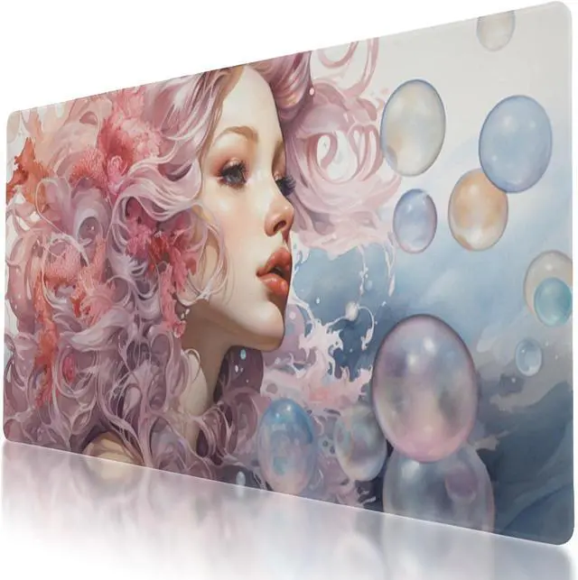 Main image of Mermaid Blowing Bubbles Inspired Design, Large Mouse Pad 35.5 x 16 Inch, Non-Slip Base, Stitched Edges, Perfect for Gaming or Office