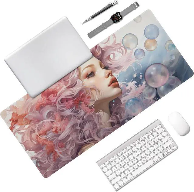 Alt view image 2 of 6 - Mermaid Blowing Bubbles Inspired Design, Large Mouse Pad 35.5 x 16 Inch, Non-Slip Base, Stitched Edges, Perfect for Gaming or Office