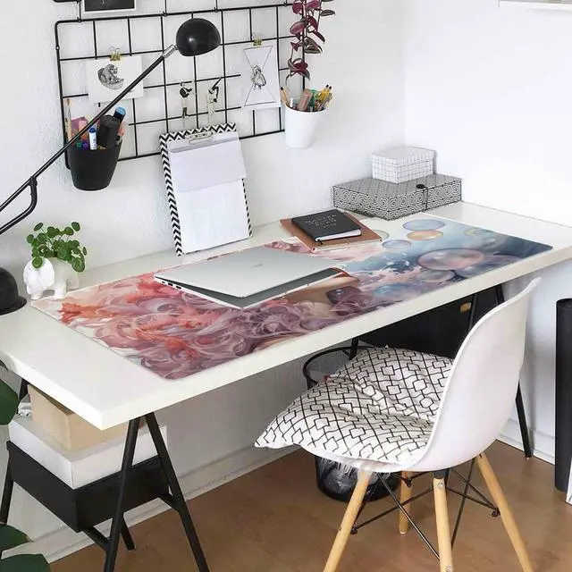 Alt view image 6 of 6 - Mermaid Blowing Bubbles Inspired Design, Large Mouse Pad 35.5 x 16 Inch, Non-Slip Base, Stitched Edges, Perfect for Gaming or Office