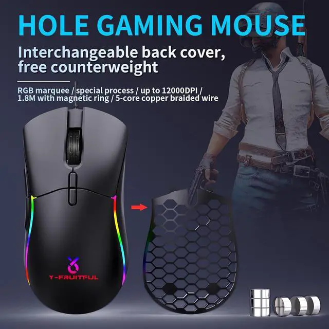 Alt view image 2 of 7 - M68 Gaming Mouse, Hole Gaming Mouse Interchangeable Back Cover, Free counterweightRGB Backlit with 8 Light Modes, 12000 DPI Adjustable, Honeycomb Shell, Black