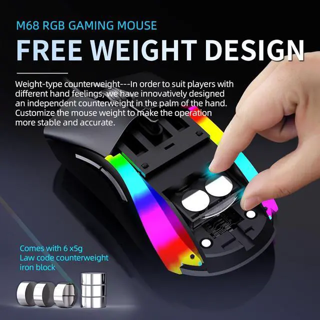 Alt view image 5 of 7 - M68 Gaming Mouse, Hole Gaming Mouse Interchangeable Back Cover, Free counterweightRGB Backlit with 8 Light Modes, 12000 DPI Adjustable, Honeycomb Shell, Black